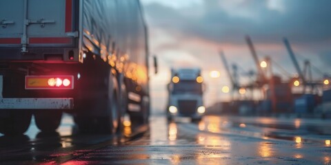 The back of a semi truck on a rainy day with the lights of the city in the background.