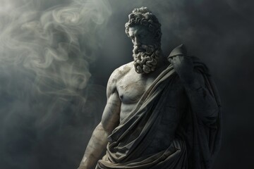 A statue of a stoic man standing with a bird perched on his shoulder