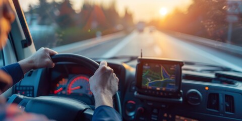The driver is holding the steering wheel with both hands and looking at the road ahead. The sun is shining brightly in the background.