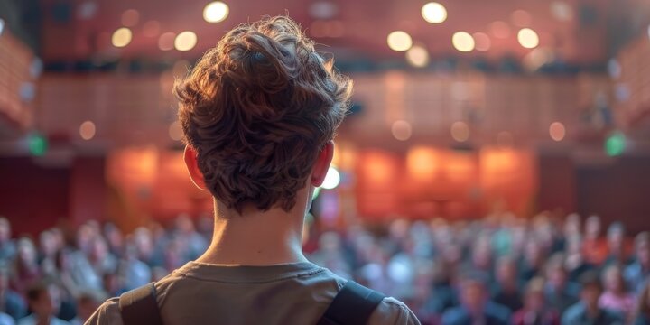 The back of a person's head and shoulders is in focus. They are looking out at a large crowd of people.