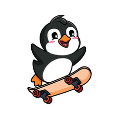cartoon illustration design of cute and kawaii penguin skateboarding