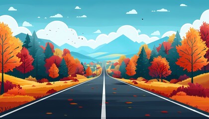 Create a flat design of an autumn road trip with colorful trees along the highway