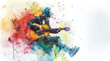 A man enthusiastically playing a guitar while colorful paint splashes around him