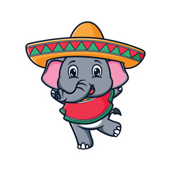 Cartoon illustration design of cute and kawaii elephant with sombrero hat and playing maraca