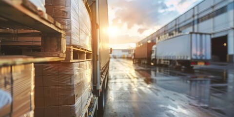 The semi truck is being loaded with goods at the warehouse