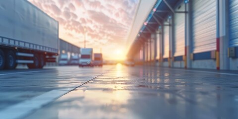 Obraz premium The semi-trucks are parked outside the warehouse at sunset.