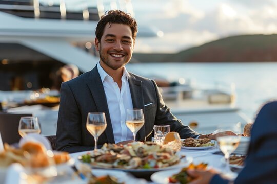 Smiling businessman at an exclusive corporate yacht event during sunset, exuding confidence and charm among professional peers