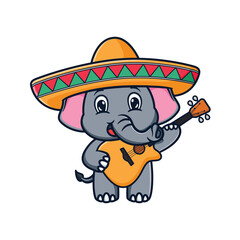 cartoon illustration design of cute and kawaii elephant with sombrero hat and playing guitar