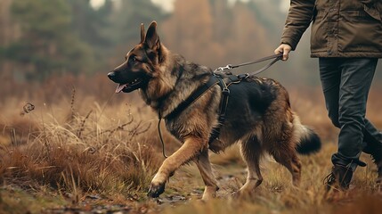 A cinematic high quality photo of an ultra realistic german shepherd dog walking with dog harness and leash, man holding the other end of the leash, side view, profile