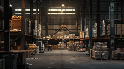 A warehouse with a lot of boxes and pallets. Scene is dark and gloomy