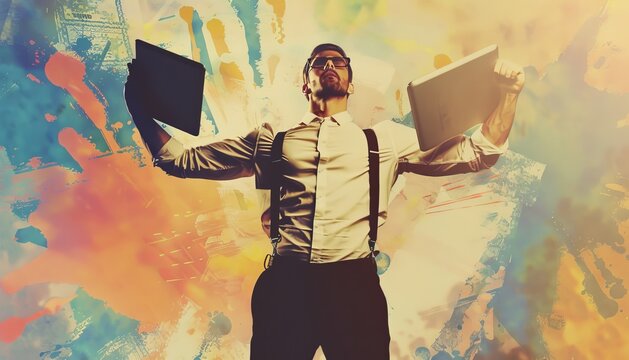 Modern Business Professional: Handsome Young Man Working with Tablet Against Retro Vintage Backgroun - Powered by Adobe