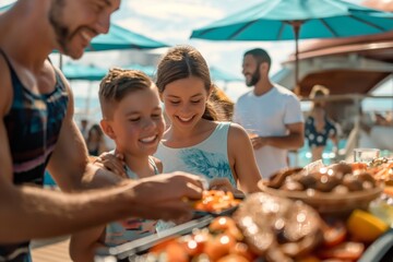 Cheerful family is attending a sunny poolside barbecue, sharing smiles while selecting delicious food together with a background of umbrellas