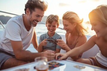 Happy family is engaged in a board game, laughing together on a yacht during a beautiful sunset, creating cherished memories