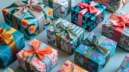 Colorful handmade presents with decorative paper and ribbons