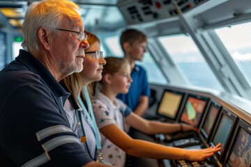 Multigenerational family attentively listens and engages during a guided tour inside the bridge of a modern passenger ship