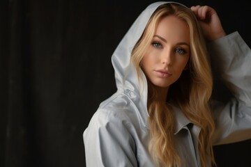 Blond woman wearing raincoat against the canvas background in a studio