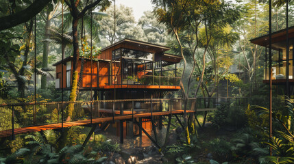 Modern treehouse architecture. New small bungalow in the forest made of wood. Modern house located in the jungle. Design concept and architecture, nature.