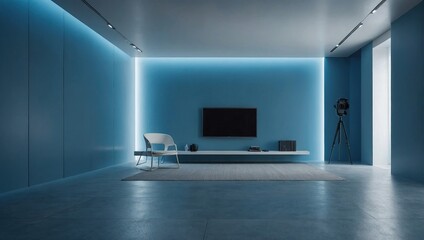 Universal minimalistic blue background for presentation, A light blue wall in the interior with beautiful built-in lighting and a smooth floor