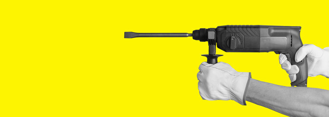 Metal equipment tool for cleaning. Pistol gun weapon for protection. Handle and plastic handgun in modern art. Home blue dirty cartoon retro. Safety funny space text. Empty