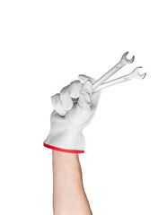 Isolated spanner wrench in hand. Industrial repair tool for mechanical work. Glove and steel construction equipment. Technician holding chrome hardware key. Human arm fixing, transparent background