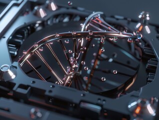 Obraz premium Design a photorealistic image of a computer hard drive morphing into a double helix DNA structure, blending technology and biology seamlessly