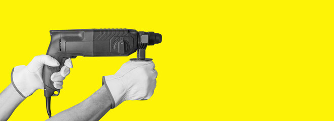 Power drill and driller tool. Hand with electric perforator and glove for repair. Building...