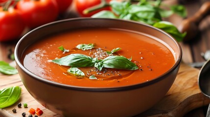 A bowl of creamy tomato soup garnished with fresh basil leaves.