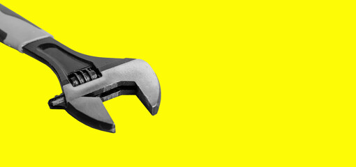Spanner equipment tool and metallic object, background repair instrument, steel yellow black handy stationery. Cut iron precision office, stainless supply design, building