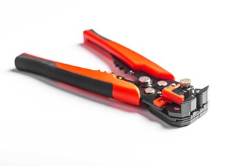 Tool equipment, steel metal repair pliers, white stripper stripping object. Wire industry instrument, crimp mechanic jaws red background. Work network snip grip heavy black