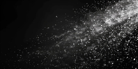 Obraz premium Water spray on black background, white water droplets falling in the air, particles of dust floating in space.Abstract black and white bokeh lights with sparkling particles creating a dramatic