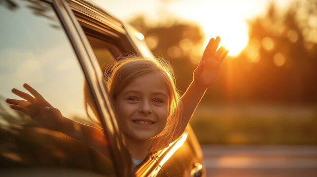 Joyful young girl waves goodbye from a car window while basking in the warm glow of a sunsetlit sky