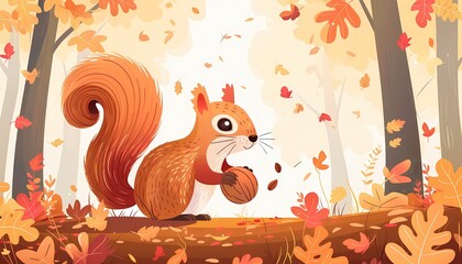 Illustrate a flat design scene of a squirrel gathering nuts in an autumn forest