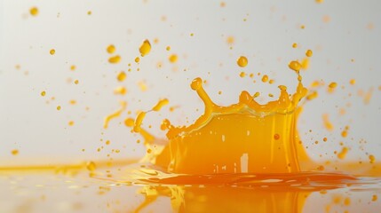 a droplet of orange juice splashing onto a white surface, capturing the essence of freshness and vitality