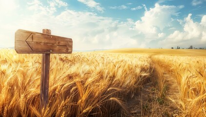 Golden wheat fields and wood sign pointing to rolling farmland. Find your rural paradise, copy space text. Idyllic countryside scenery background
