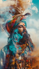 Fototapeta premium A magical genie dressed in a regal oriental outfit, radiates an aura of mysticism and wonder, a vertical portrait of a creature from fairy tales