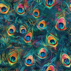 Artistic arrangement of multiple peacock feathers, creating a colorful and textured backdrop, suitable for creative projects and displays