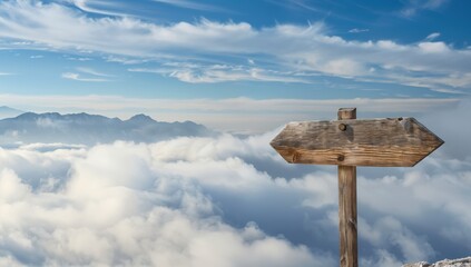 Mesmerizing sea of clouds and wood sign pointing to misty mountain tops. Escape to tranquil heights, copy space text. Dreamy alpine landscape background