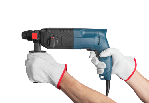 Tools and driller equipment for drilling work. Isolated power tool for construction. Hand with instrument and machine handle. Industrial object for worker. Black technology to