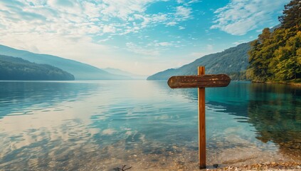 Serene lakeside beach and wood sign pointing to glassy waters. Find your happy place, copy space text. Calming nature getaway background