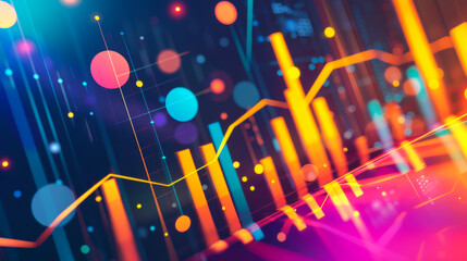 Colorful graph with many colorful lines and dots. The graph is very rich and has many different colors. Stock market analysis. Business concept.