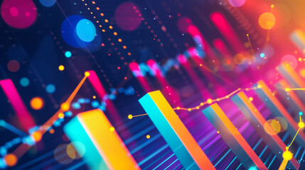 Colorful graph with many colorful lines and dots. The graph is very rich and has many different colors. Stock market analysis. Business concept.