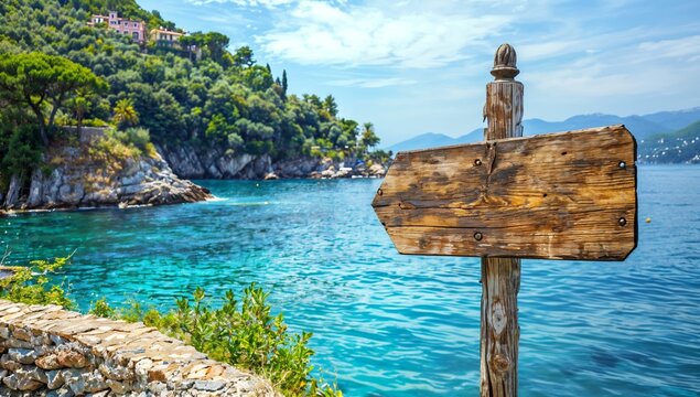 Sparkling Italian riviera and wood sign pointing to azure waters. Live la dolce vita, copy space text. Glamorous Mediterranean vacation background