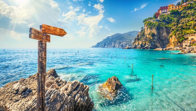 Sparkling Italian riviera and wood sign pointing to azure waters. Live la dolce vita, copy space text. Glamorous Mediterranean vacation background