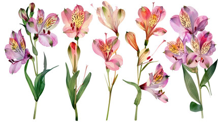 collection of alstroemeria flowers clipart cutout png isolated on white or transparent background
