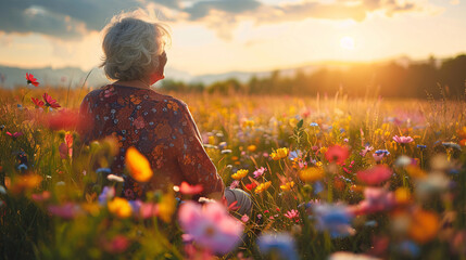 Fototapeta premium Elderly woman experiencing the pleasure of a wildflower meadow in full bloom