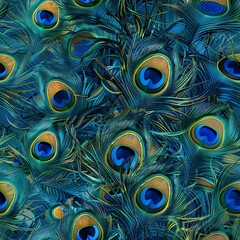 High-resolution image capturing the shimmering blue and green hues of peacock feathers, with ample copy space for text overlays