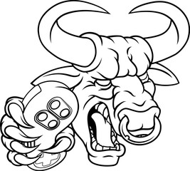 A bull or Minotaur monster longhorn cow angry mean video game gamer mascot cartoon character.