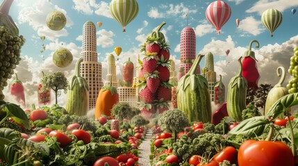 Design an unconventional vegetable skyline with skyscrapers made of stacked eggplants