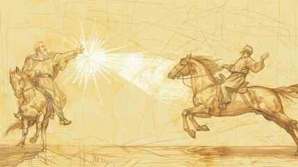 Paul's Conversion on Road to Damascus with Blinding Light, Paul Falling from Horse, Biblical Illustration, Beige Background, Copyspace
