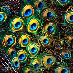 Obraz premium Vibrant display of peacock feathers fanned out, showcasing a spectrum of colors and intricate eye patterns for a decorative image